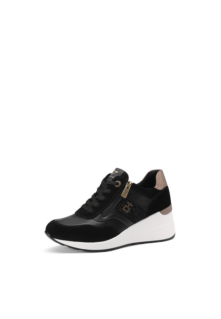 sneakers stringate in vera pelle con zeppa colore nero