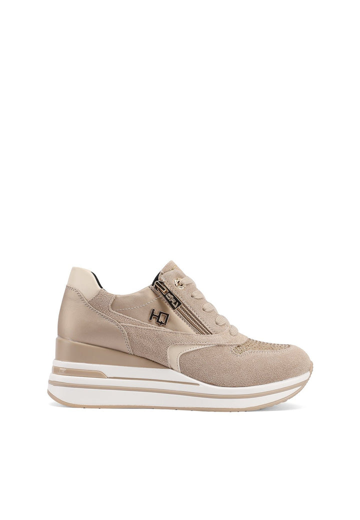 Sneakers stringate in vera pelle con zeppa colore beige