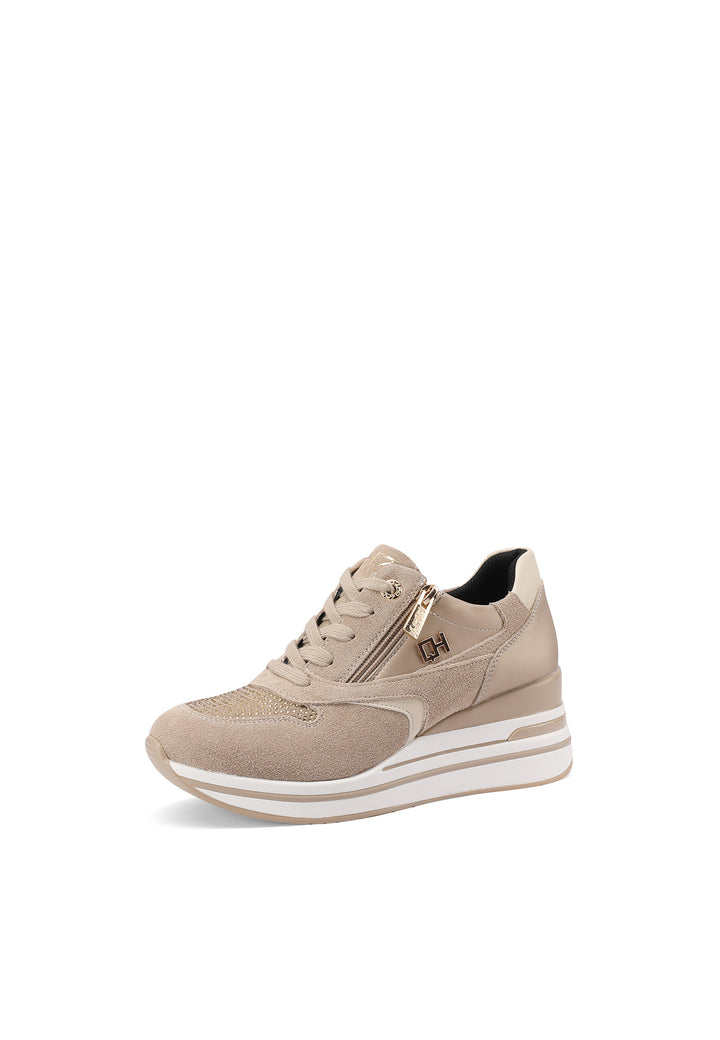 Sneakers stringate in vera pelle con zeppa colore beige