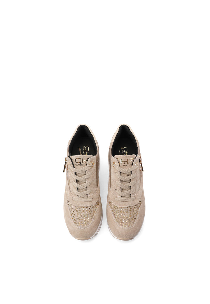 Sneakers stringate in vera pelle con zeppa colore beige