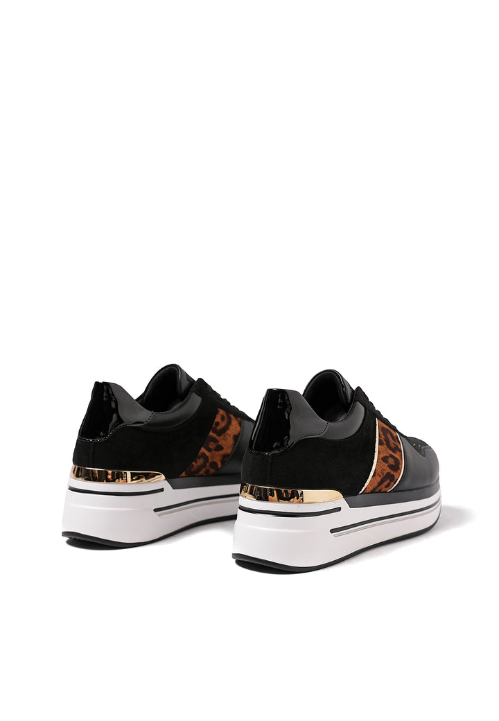 sneakers stringate da donna colore nero con dettaglio leopardato e platform