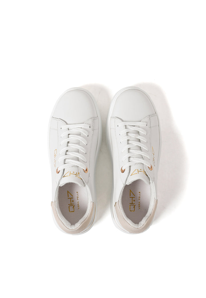 Sneakers stringate da donna in vera pelle colore bianco e beige con platform