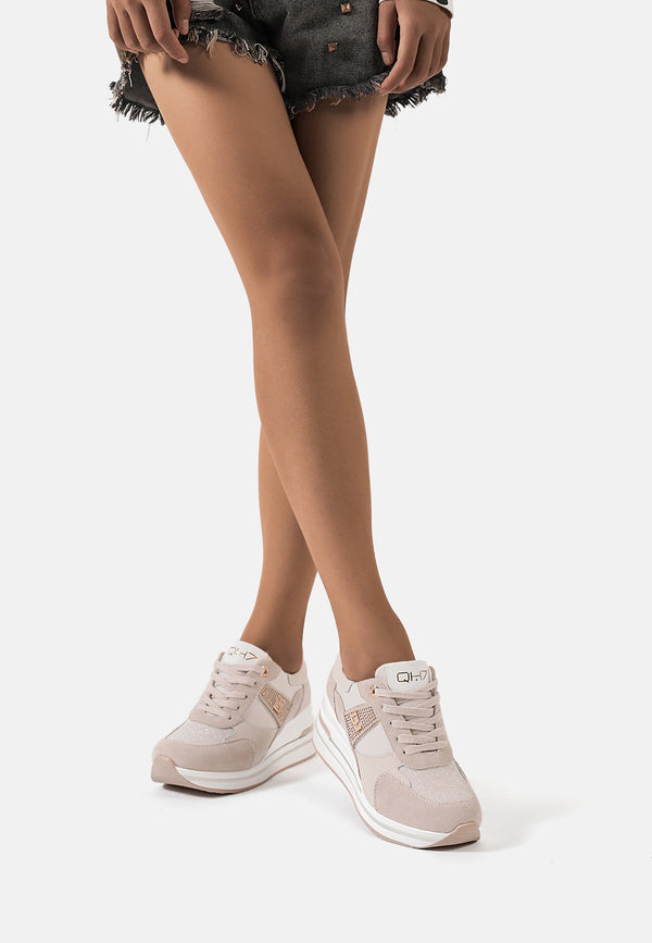 Sneakers da donna stringate in vera pelle con plateau colore beige