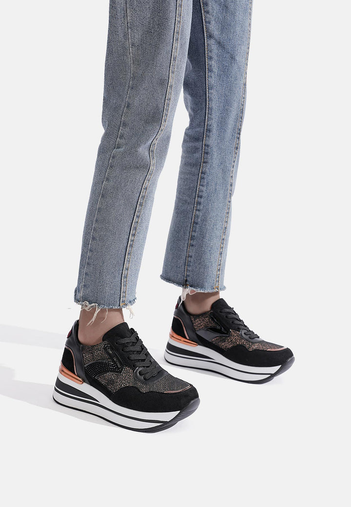 sneakers stringate da donna colore nero con platform e strass