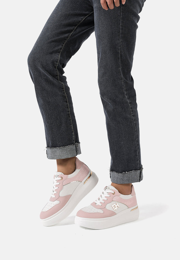 Sneakers da donna stringate in vera pelle colore rosa con platform