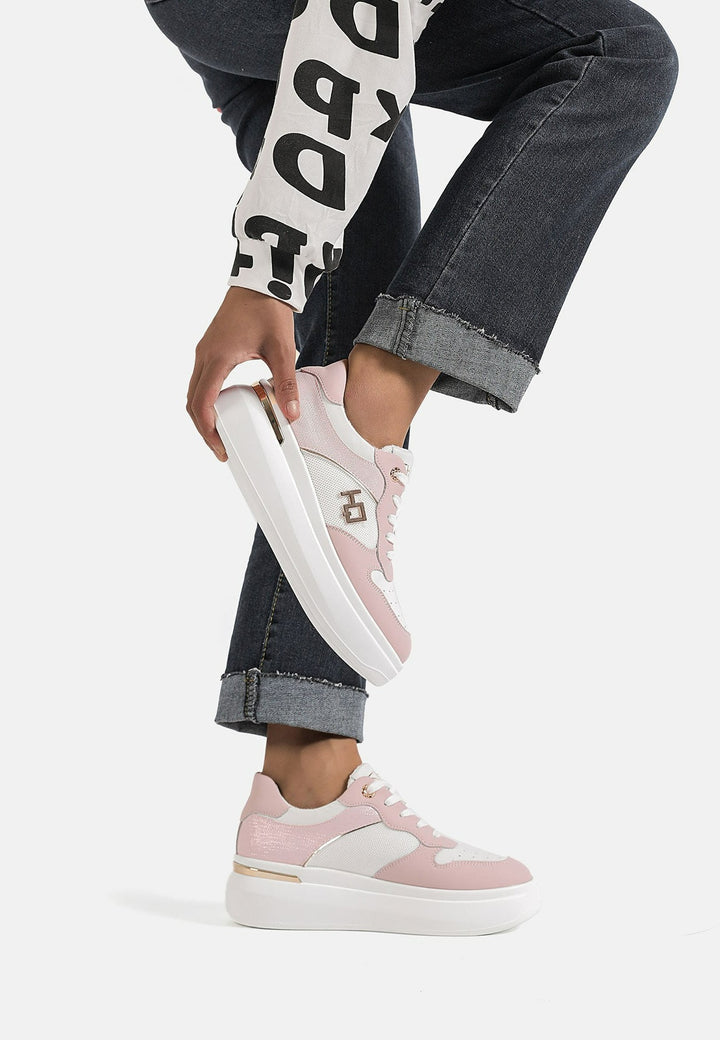 Sneakers da donna stringate in vera pelle colore rosa con platform