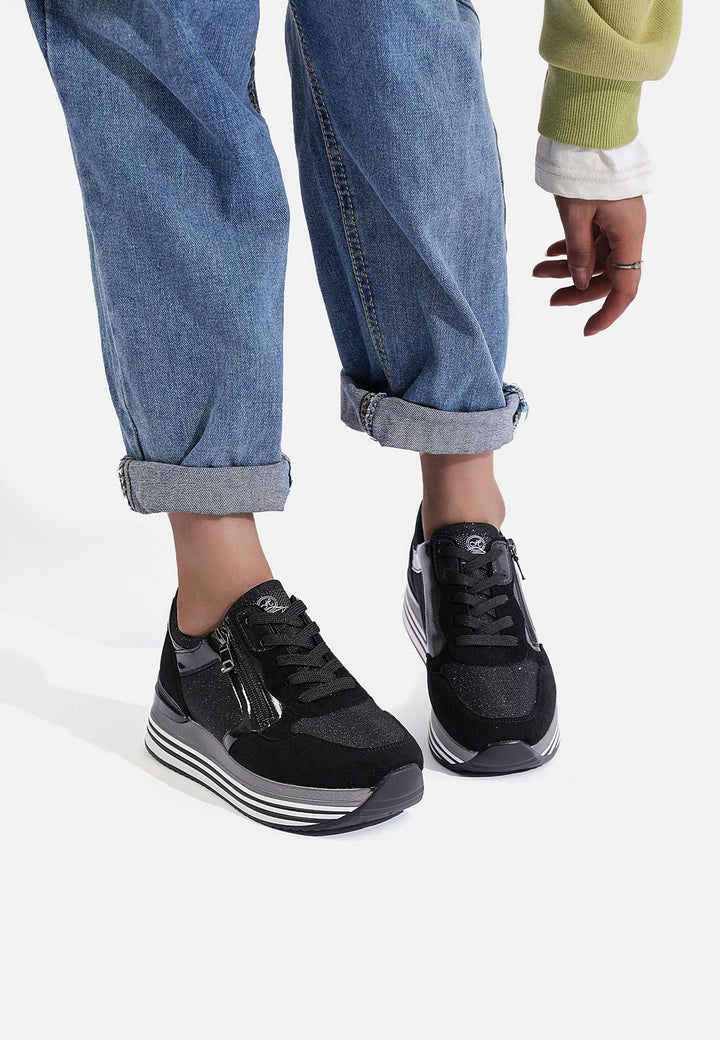 sneakers stringate donna colore nero con platform e zip