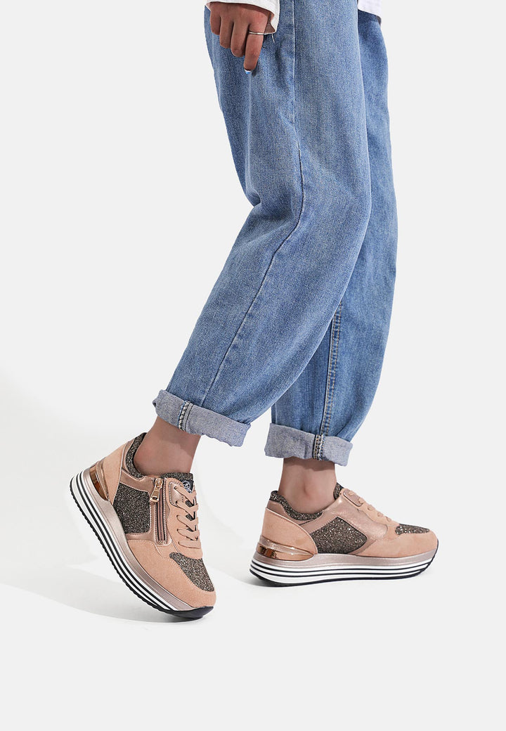 sneakers stringate donna colore marrone con platform e zip