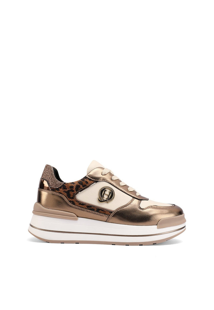 Sneakers con suola alta e dettagli metallici bronzo con inserti leopardati