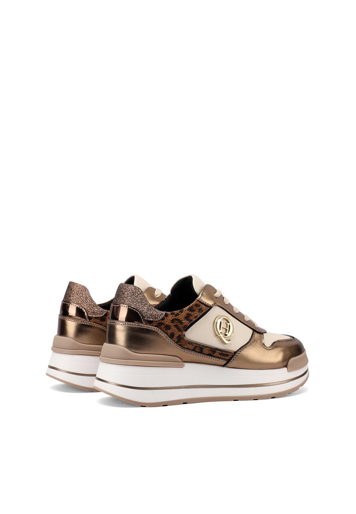 Sneakers con suola alta e dettagli metallici bronzo con inserti leopardati