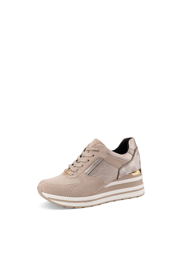 Sneakers da donna beige con tacco e lacci