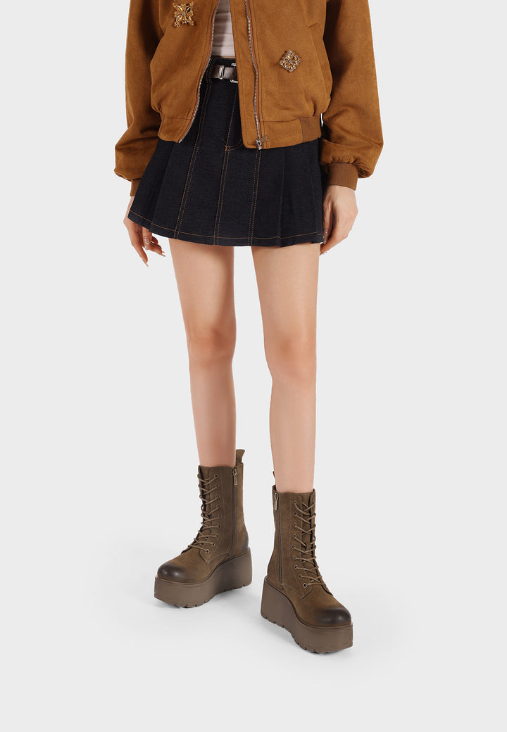 stivaletti queen helena con zeppa da 7 cm in ecopelle khaki