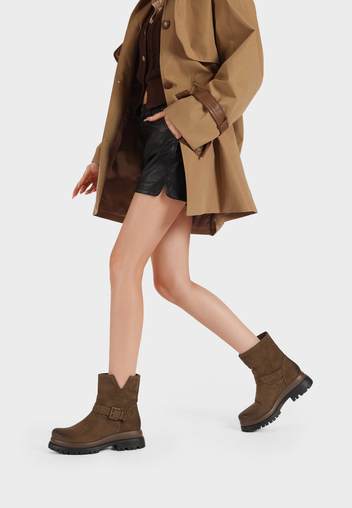 Stivaletti donna biker con fibbia e suola carrarmato Queen Helena khaki