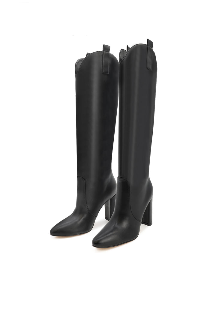 Stivali alti donna con tacco largo e punta sfilata neri