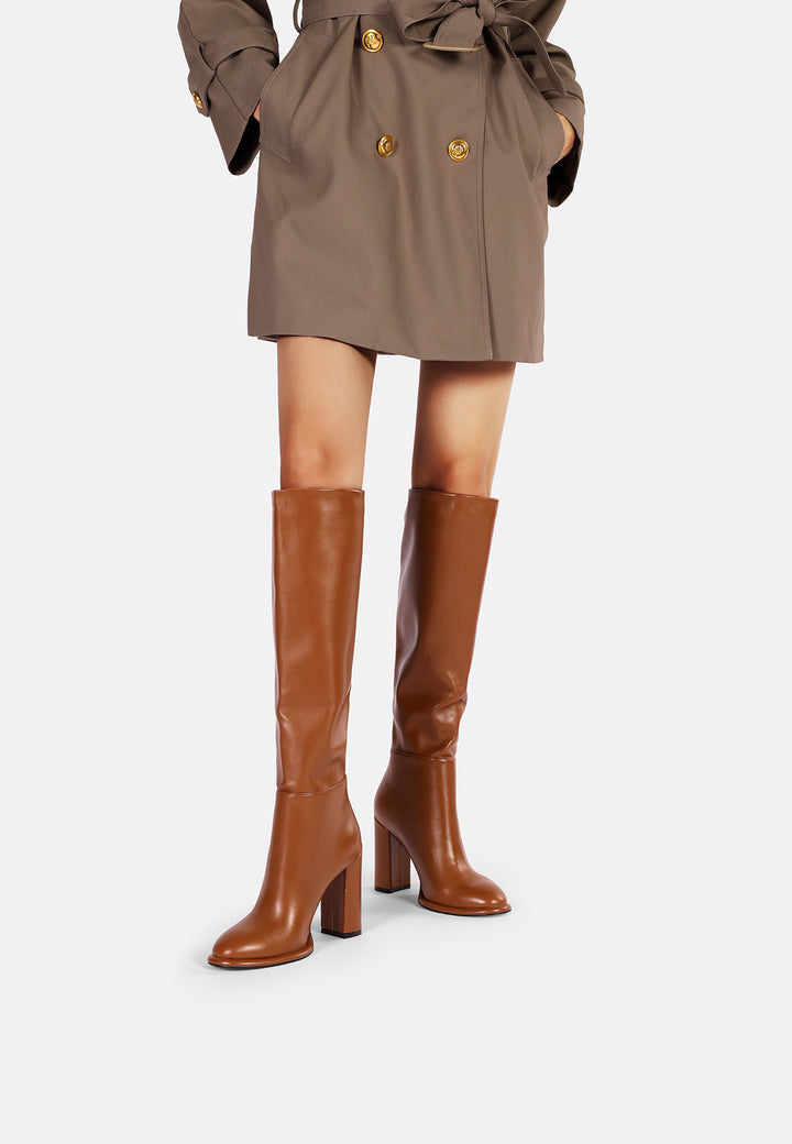 Stivali da donna sl ginocchio con tacco alto in ecopelle marrone