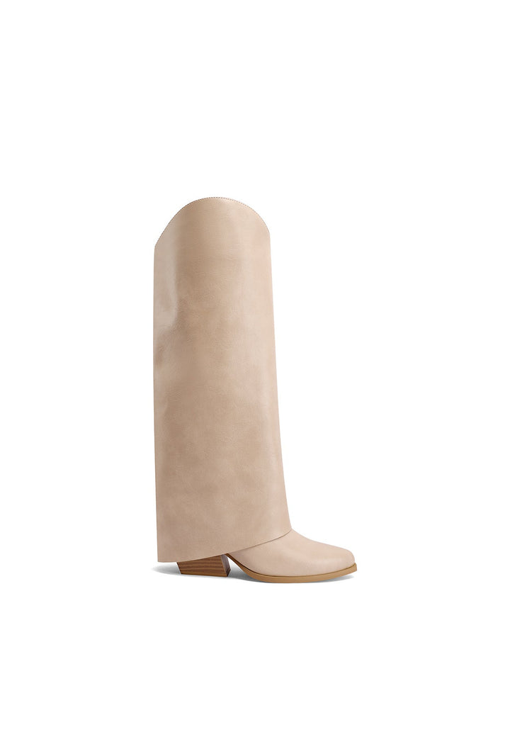 Stivali donna in ecopelle beige con tacco largo e gambale risvoltato