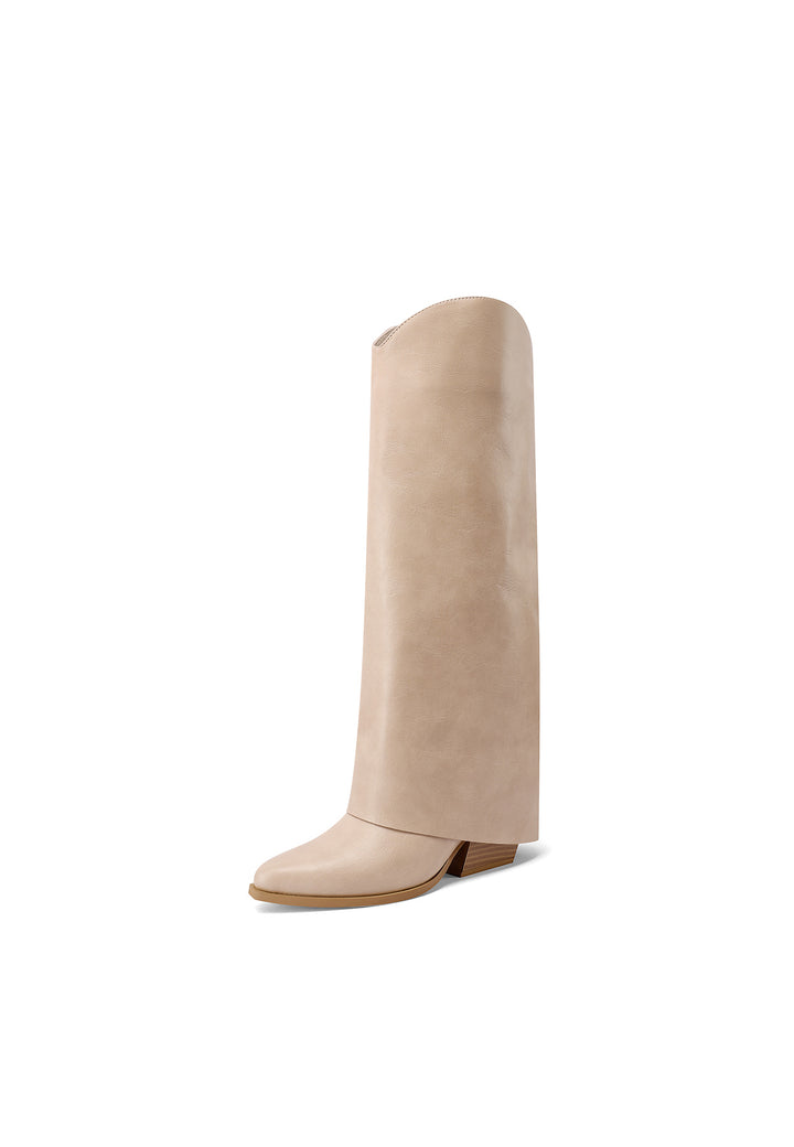 Stivali donna in ecopelle beige con tacco largo e gambale risvoltato