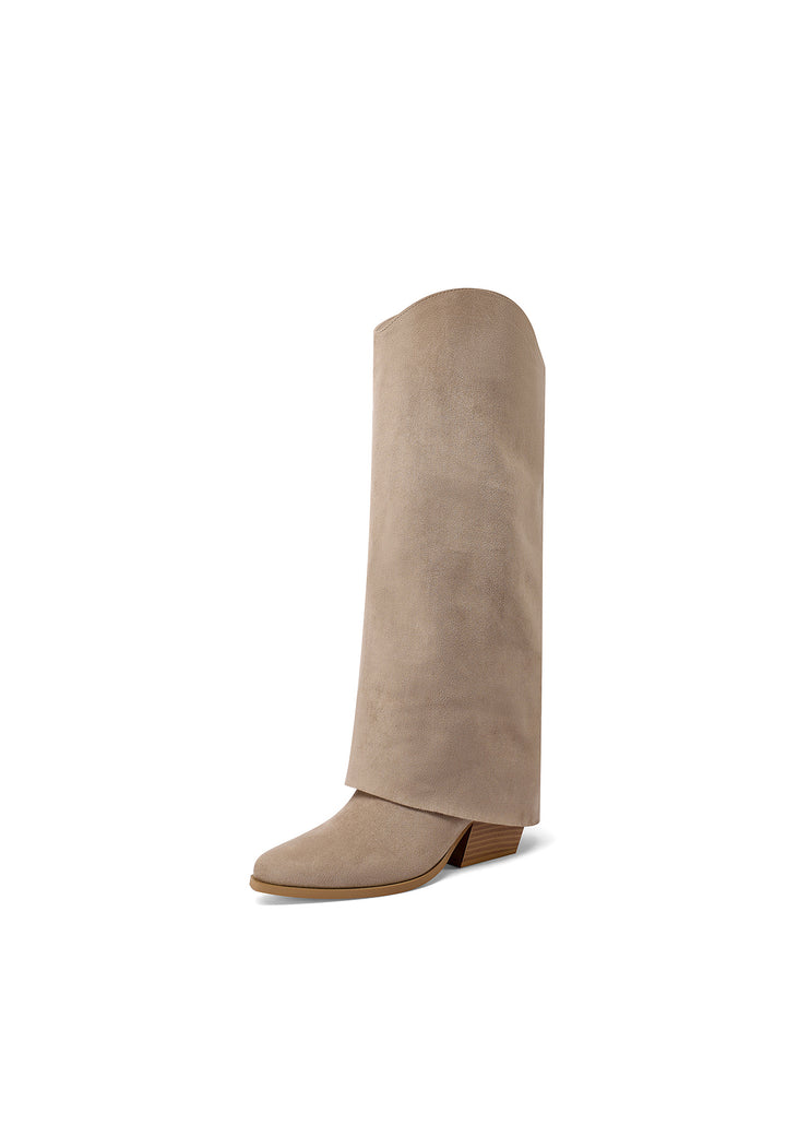 Stivali donna in ecopelle khaki con tacco largo e gambale risvoltato