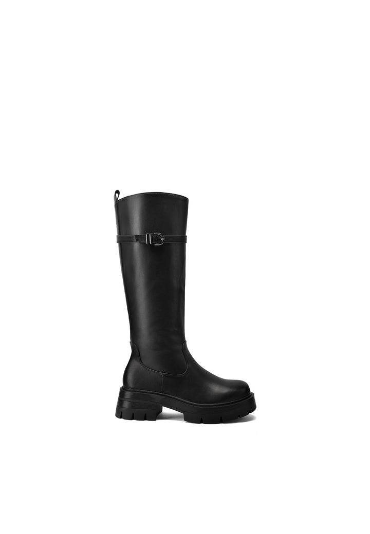Stivali donna alti in ecopelle con fibbia e suola carrarmato neri