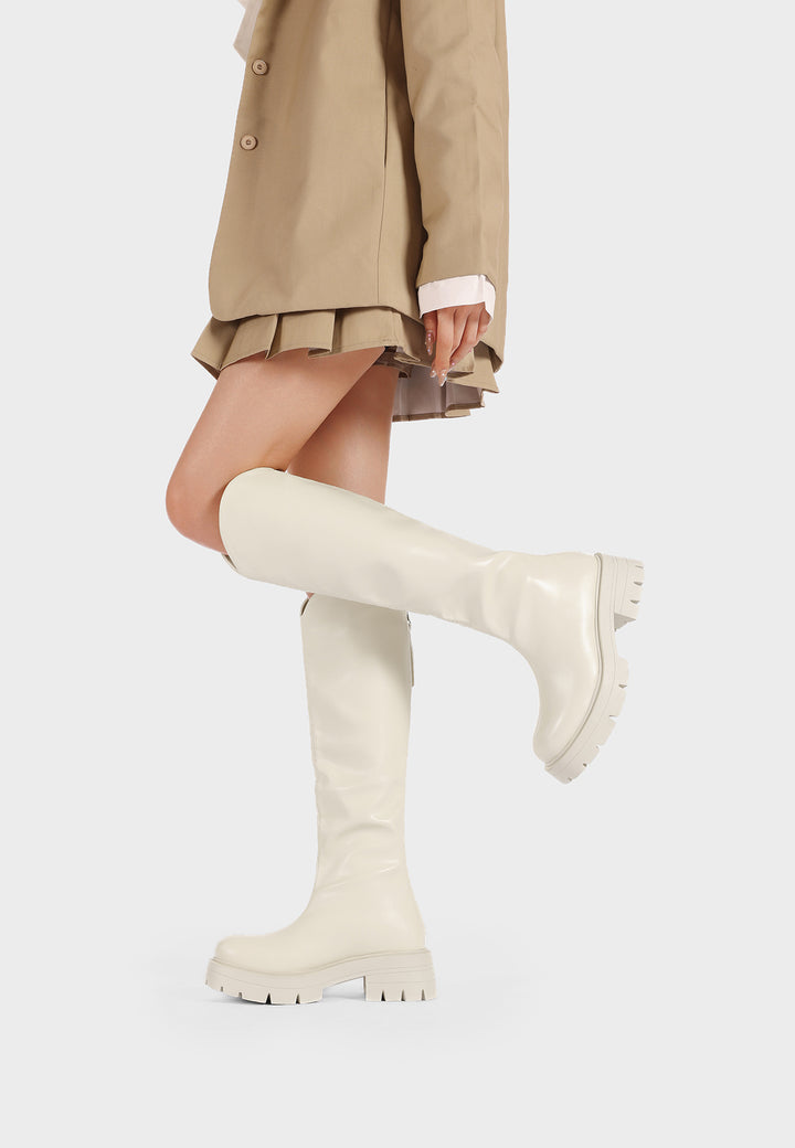 Stivali donna alti eleganti con tacco largo e dettaglio fibbia light beige
