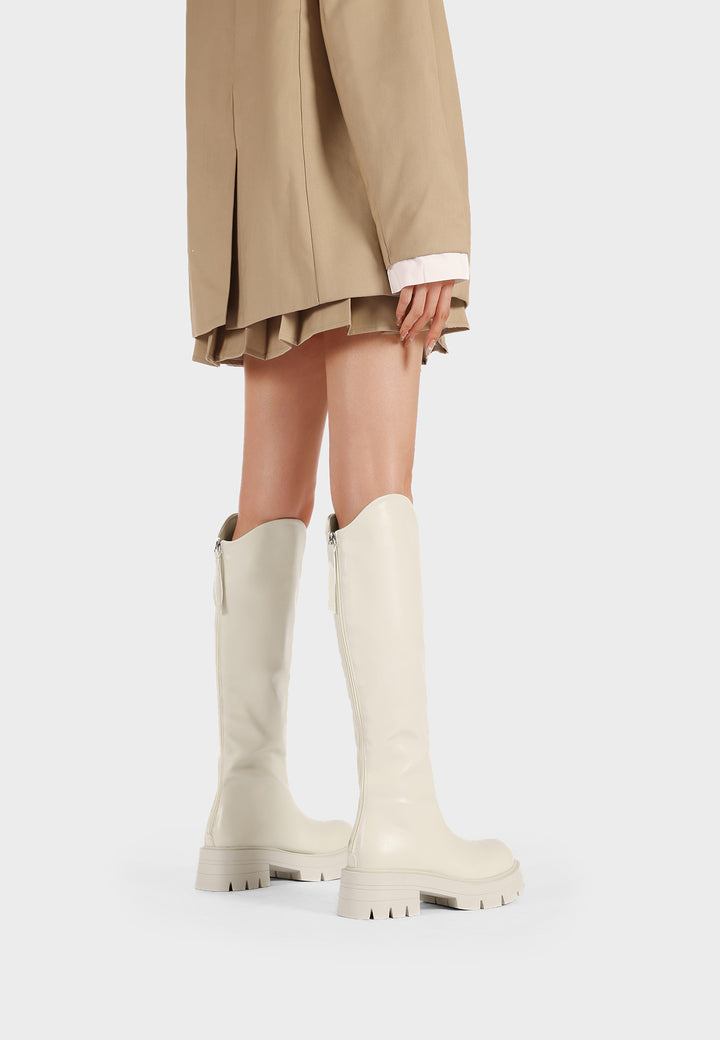 Stivali donna alti eleganti con tacco largo e dettaglio fibbia light beige