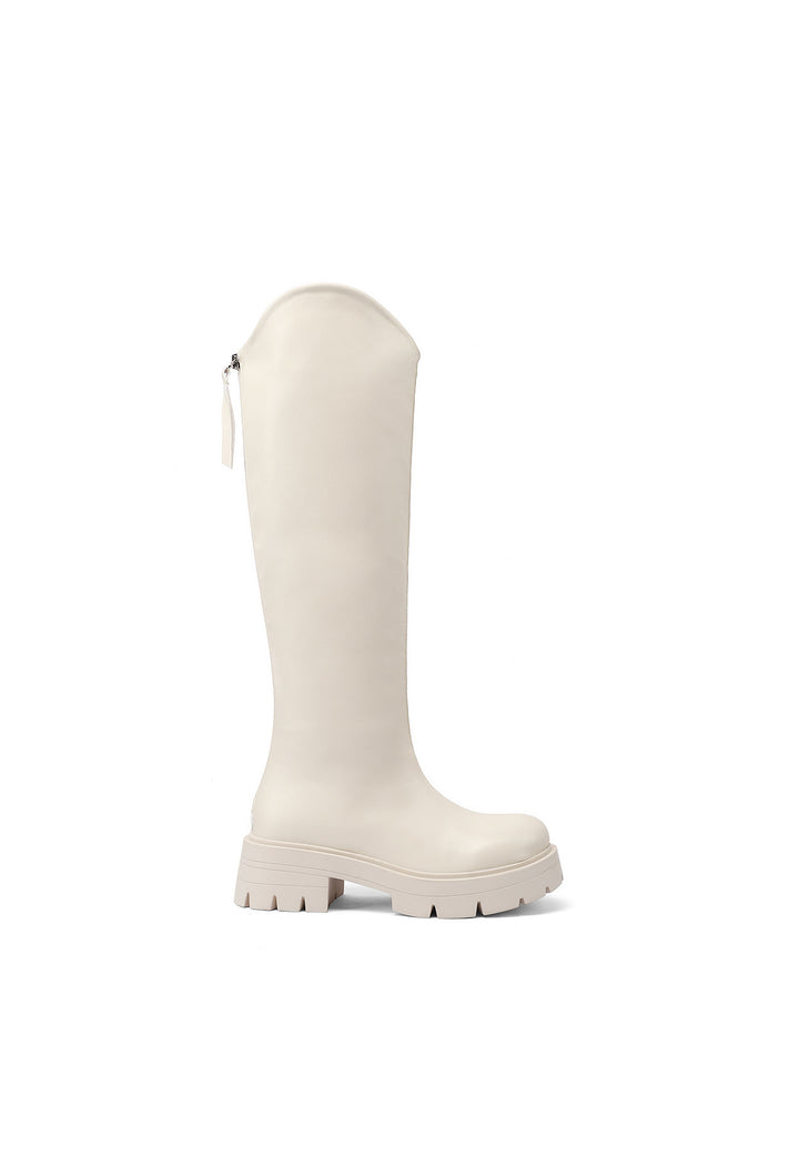 Stivali donna alti eleganti con tacco largo e dettaglio fibbia light beige