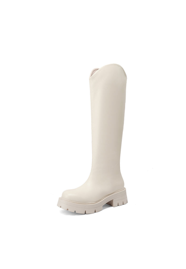 Stivali donna alti eleganti con tacco largo e dettaglio fibbia light beige