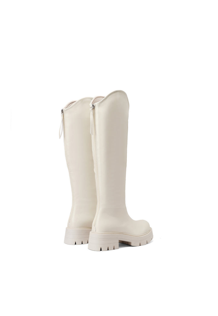 Stivali donna alti eleganti con tacco largo e dettaglio fibbia light beige