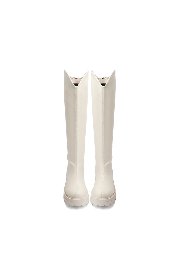 Stivali donna alti eleganti con tacco largo e dettaglio fibbia light beige