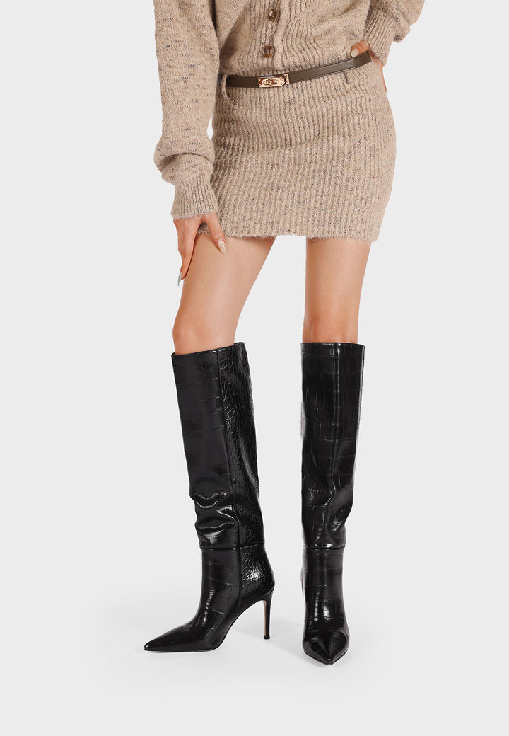 Stivali donna alti eleganti a punta con tacco a spillo, coccodrillo neri