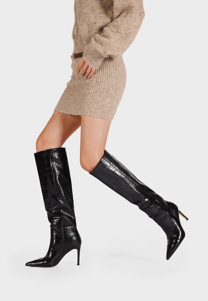 Stivali donna alti eleganti a punta con tacco a spillo, coccodrillo neri