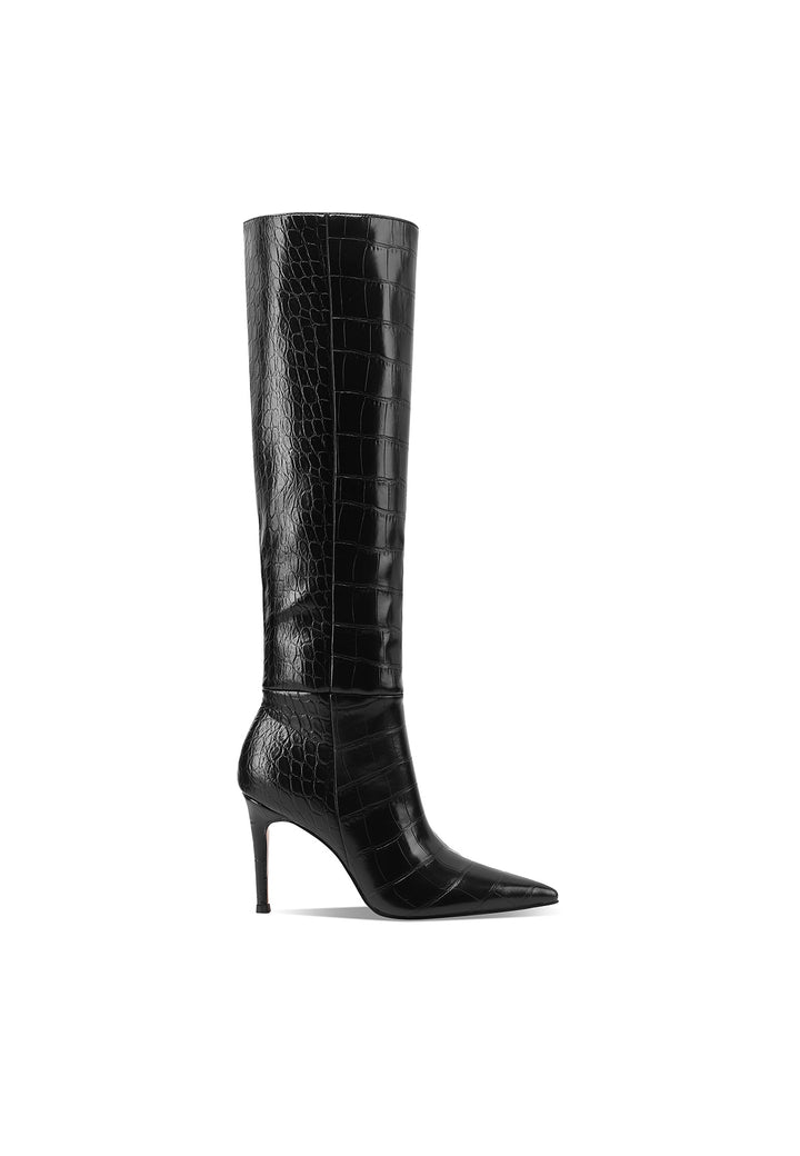 Stivali donna alti eleganti a punta con tacco a spillo, coccodrillo neri