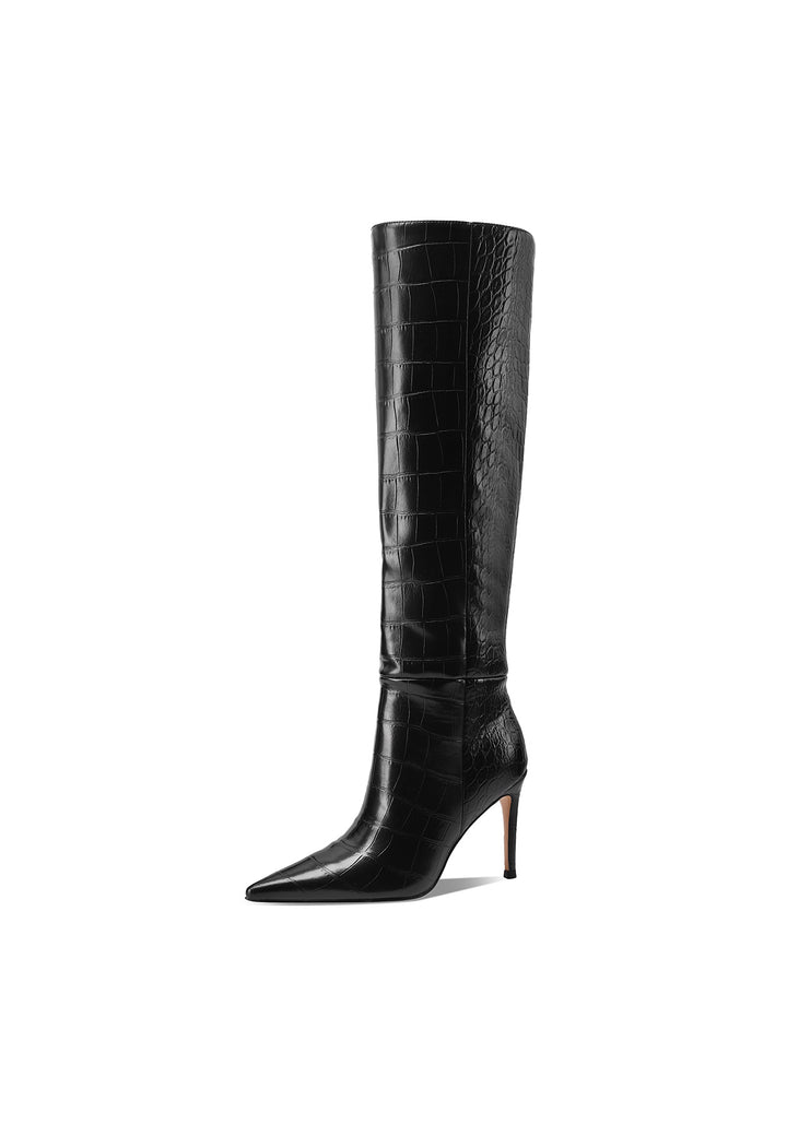 Stivali donna alti eleganti a punta con tacco a spillo, coccodrillo neri