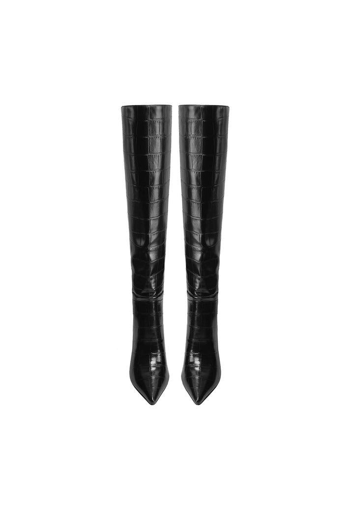 Stivali donna alti eleganti a punta con tacco a spillo, coccodrillo neri