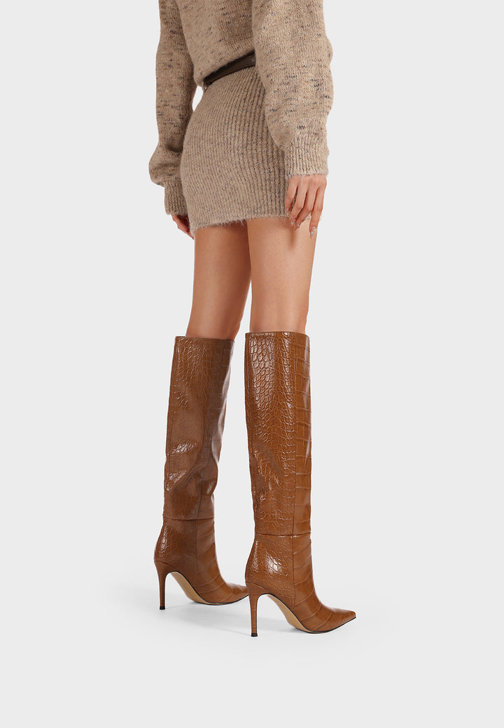 Stivali donna alti eleganti a punta con tacco a spillo, coccodrillo marroni