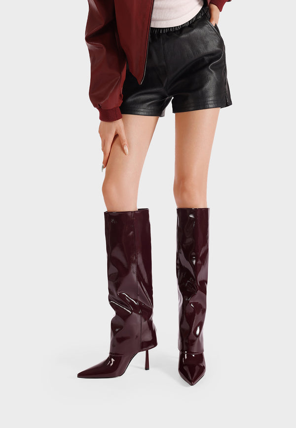 Stivali donna alti eleganti a punta con tacco a spillo e gambale bordeaux