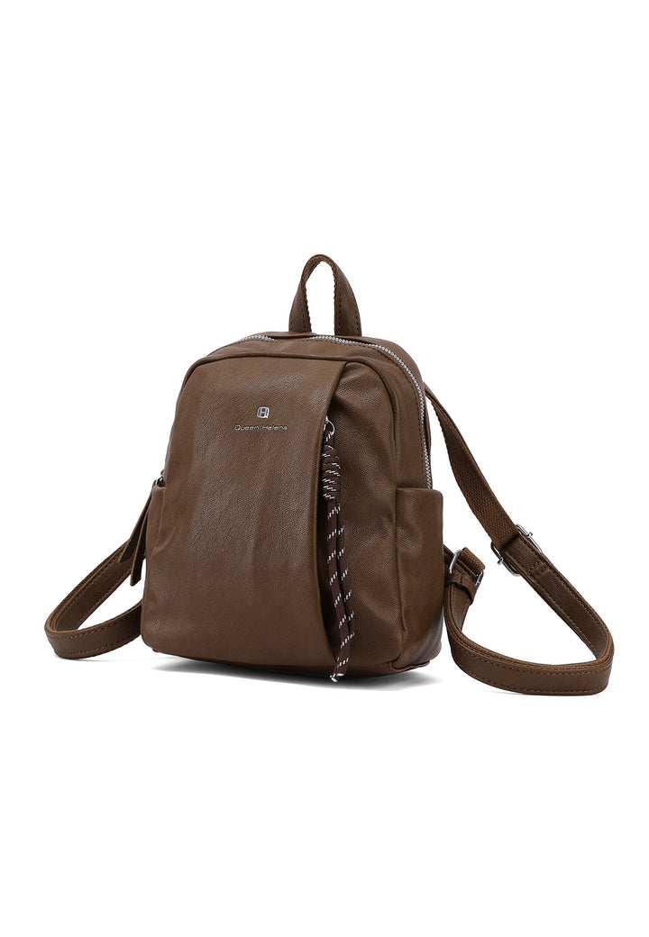 Zainetto donna piccolo in ecopelle con tasche laterali, caffè