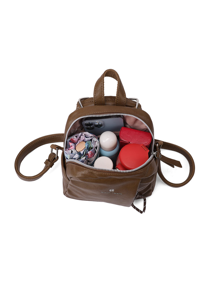 Zainetto donna piccolo in ecopelle con tasche laterali, caffè