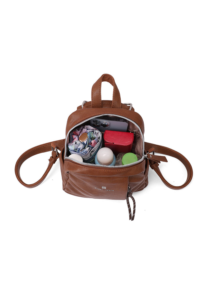 Zainetto donna piccolo in ecopelle con tasche laterali, marrone