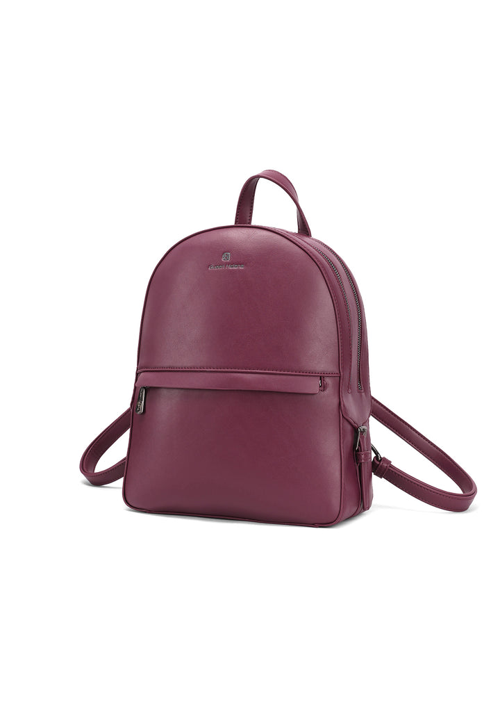 Zainetto in ecopelle con doppia zip e tasca frontale con logo metallizzato, bordeaux