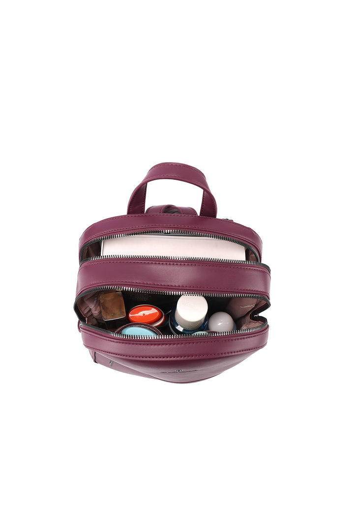 Zainetto in ecopelle con doppia zip e tasca frontale con logo metallizzato, bordeaux