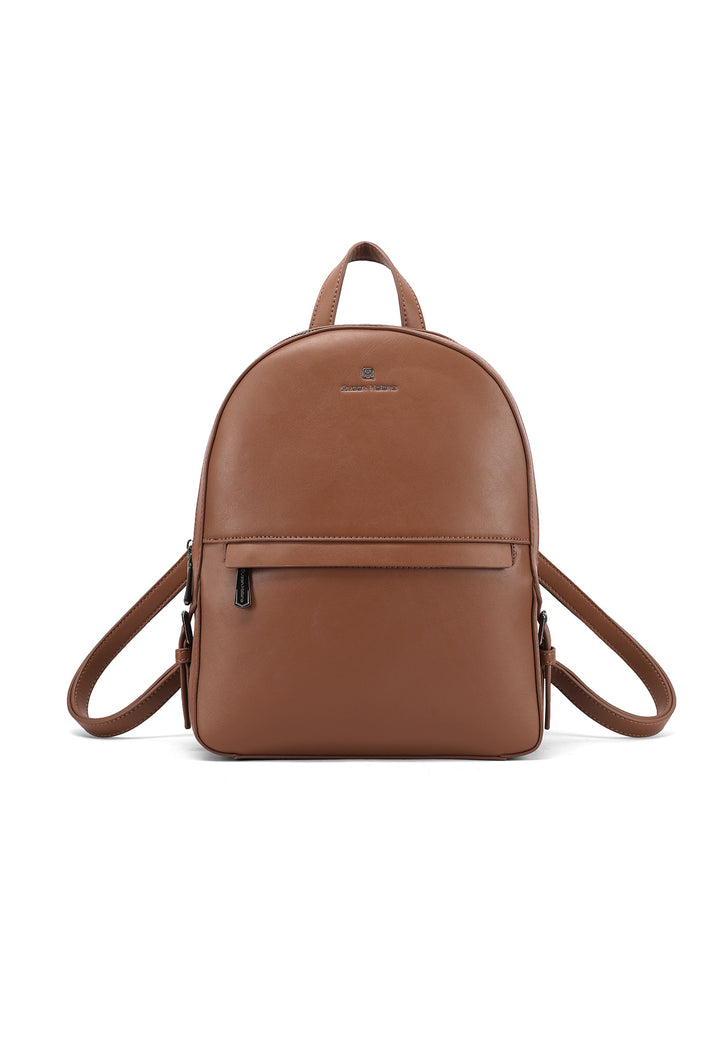 Zainetto in ecopelle con doppia zip e tasca frontale con logo metallizzato, marrone