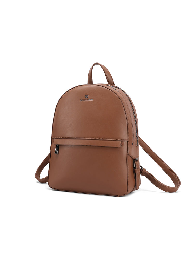 Zainetto in ecopelle con doppia zip e tasca frontale con logo metallizzato, marrone