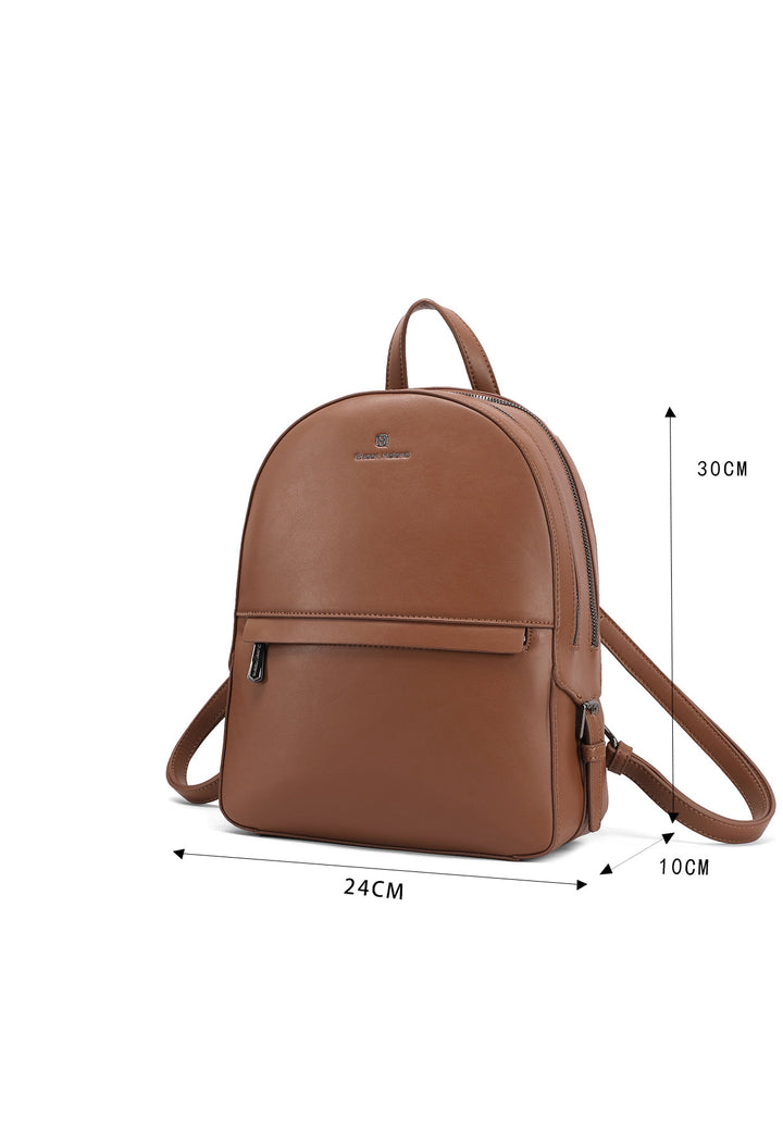 Zainetto in ecopelle con doppia zip e tasca frontale con logo metallizzato, marrone