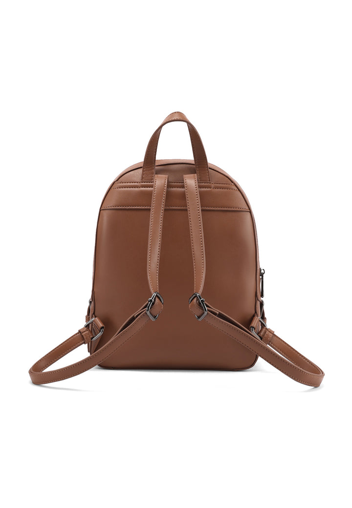 Zainetto in ecopelle con doppia zip e tasca frontale con logo metallizzato, marrone