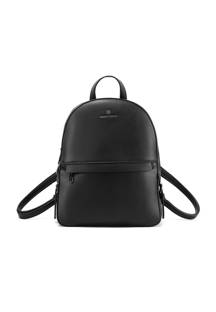 Zainetto in ecopelle con doppia zip e tasca frontale con logo metallizzato, nero