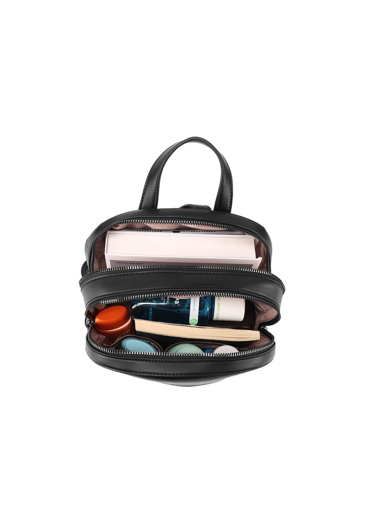 Zainetto in ecopelle con doppia zip e tasca frontale con logo metallizzato, nero