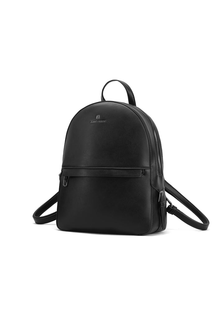 Zainetto in ecopelle con doppia zip e tasca frontale con logo metallizzato, nero
