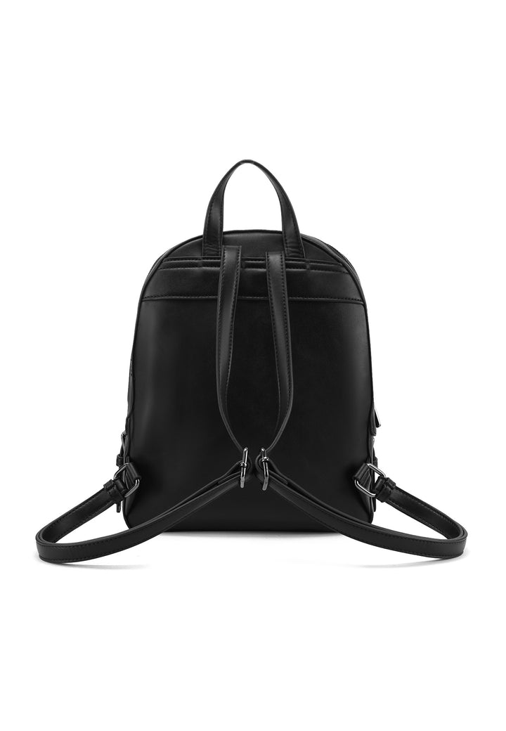 Zainetto in ecopelle con doppia zip e tasca frontale con logo metallizzato, nero