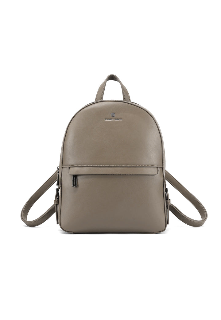 Zainetto in ecopelle con doppia zip e tasca frontale con logo metallizzato, khaki